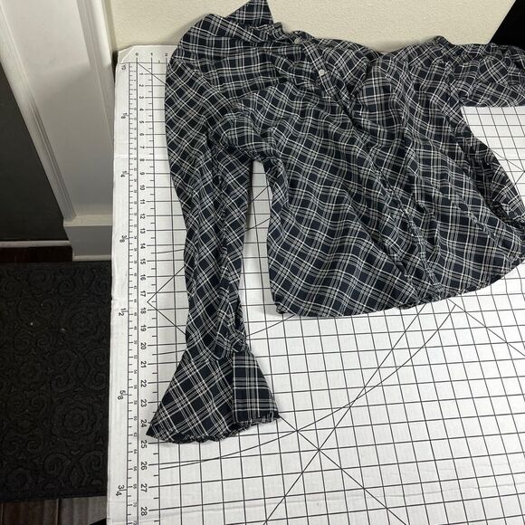 LRL Ralph Lauren Blouse 1X Black White Plaid Bell Cuff Long Sleeve Flared Top - Picture 8 of 9